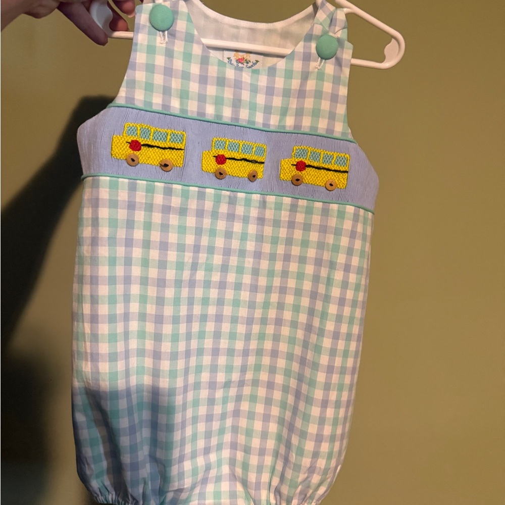 Pastel Blue & Mint Gingham Baby Bubble with School Bus Smocking